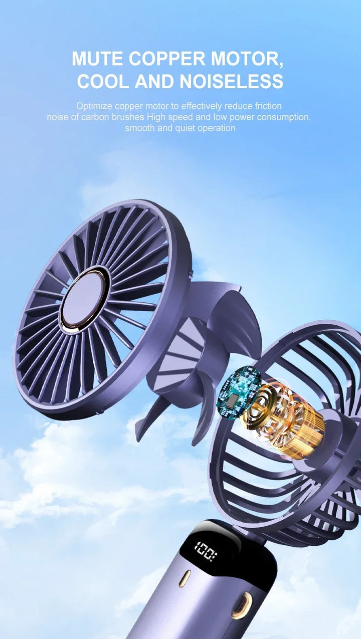 5000mAh Handheld Mini Fan – Wireless USB Rechargeable Portable Fan with Digital Display, Phone Holder, 5-Speed Foldable Neck Hanging Fan | Kalsten
