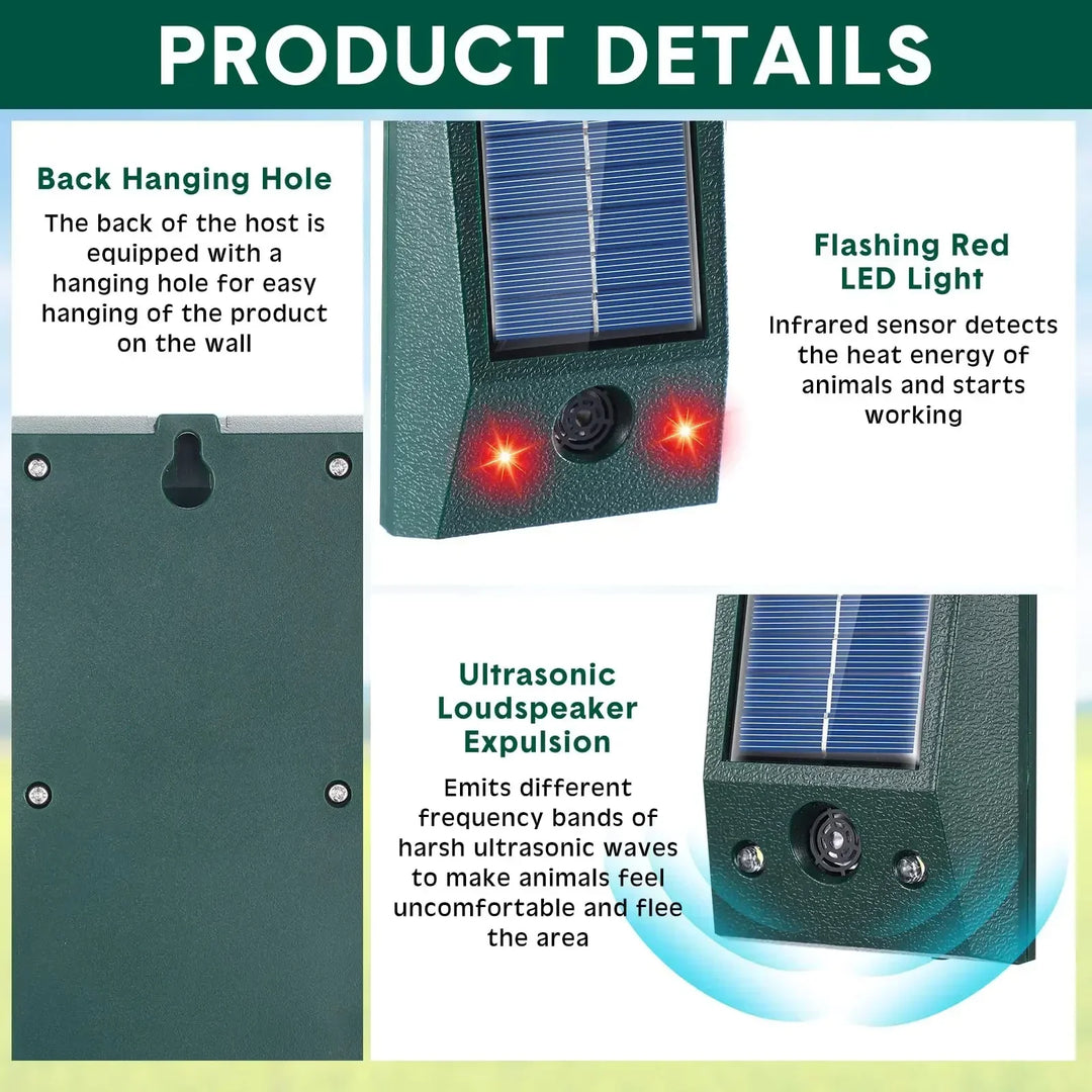 Kalsten | SolarGuardix Ultrasonic Bird Repeller Solar | With LED & Motion Sensor | Waterproof IP58 | 600 m² Coverage