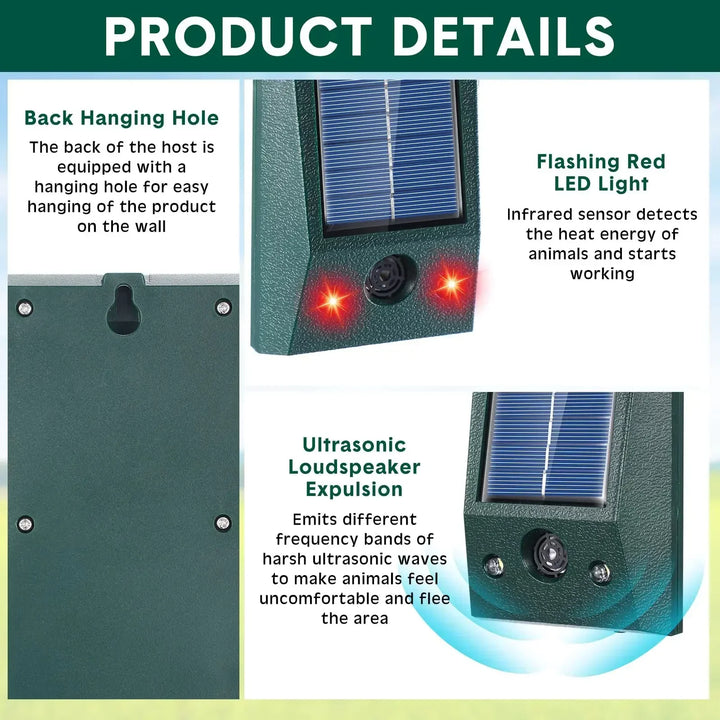 Kalsten | SolarGuardix Ultrasonic Bird Repeller Solar | With LED & Motion Sensor | Waterproof IP58 | 600 m² Coverage