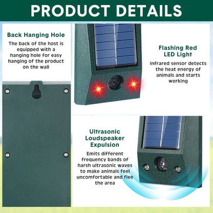 Brehn | SolarGuardix Ultrasonic Bird Repeller Solar | With LED & Motion Sensor | Waterproof IP58 | 600 m² Coverage
