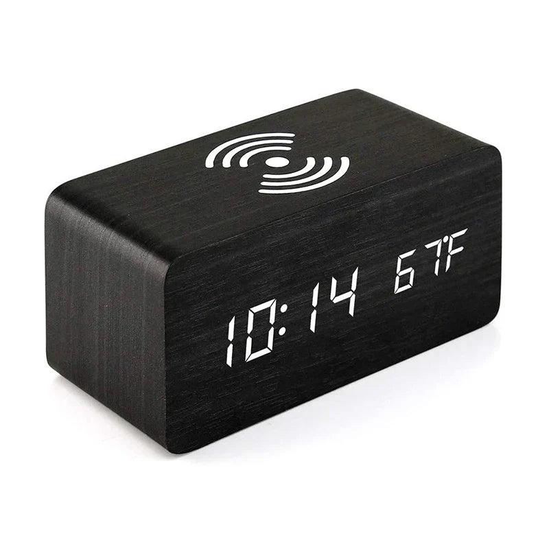 Minimalist LED wooden clock with temperature display, wireless charging function and digital time display – Ideal for bedroom and office | Kalsten