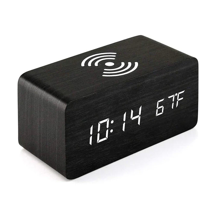 Minimalist LED wooden clock with temperature display, wireless charging function and digital time display – Ideal for bedroom and office | Kalsten