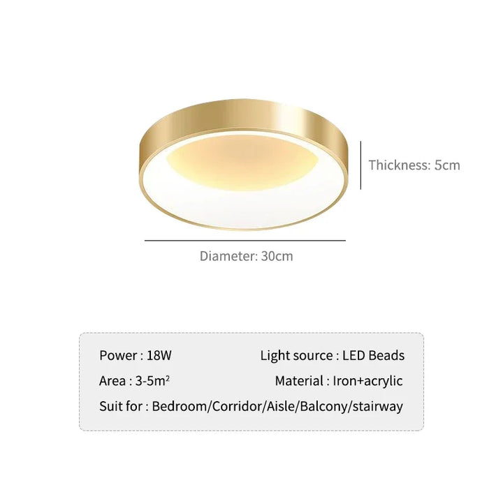 Modern LED Ceiling Light – Dimmable Gold Surface-Mounted Lamp for Master Bedroom, Study, Balcony, and Corridor | Kalsten