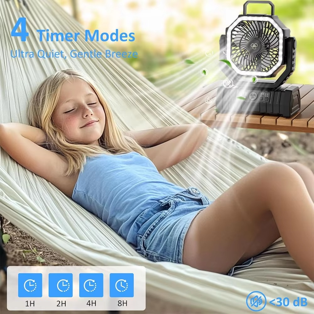 Rechargeable Camping Fan with 20000mAh Battery, 4 Speeds and LED Lantern | Kalsten