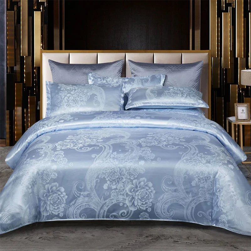 Kalsten | Luxurious Satin Rayon Jacquard Duvet Cover in Gold & Blue