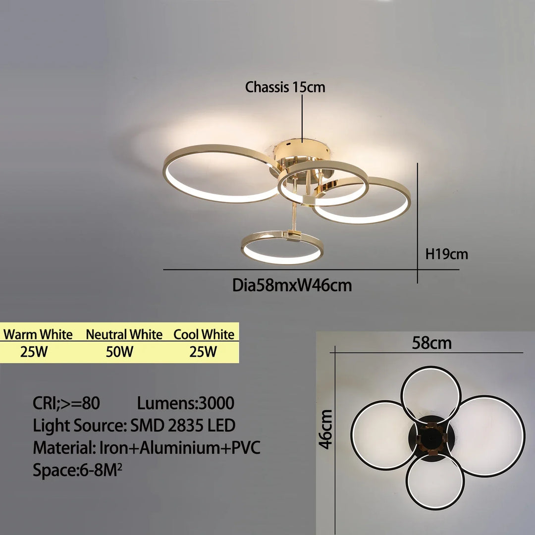 Modern Dimmable LED Ceiling Light – 4/6 Ring Chandelier with Remote Control, Adjustable Color Temperature for Living Room, Bedroom, and Dining Room | Kalsten