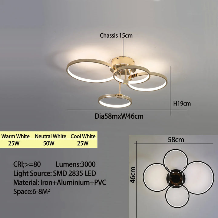 Modern Dimmable LED Ceiling Light – 4/6 Ring Chandelier with Remote Control, Adjustable Color Temperature for Living Room, Bedroom, and Dining Room | Kalsten