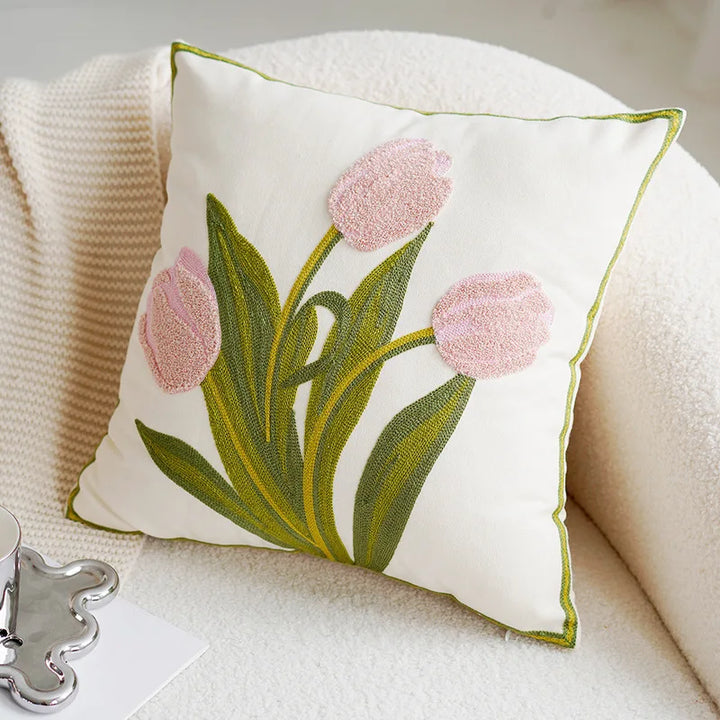 Green & Pink Tulip Embroidered Pillow Cover | Kalsten