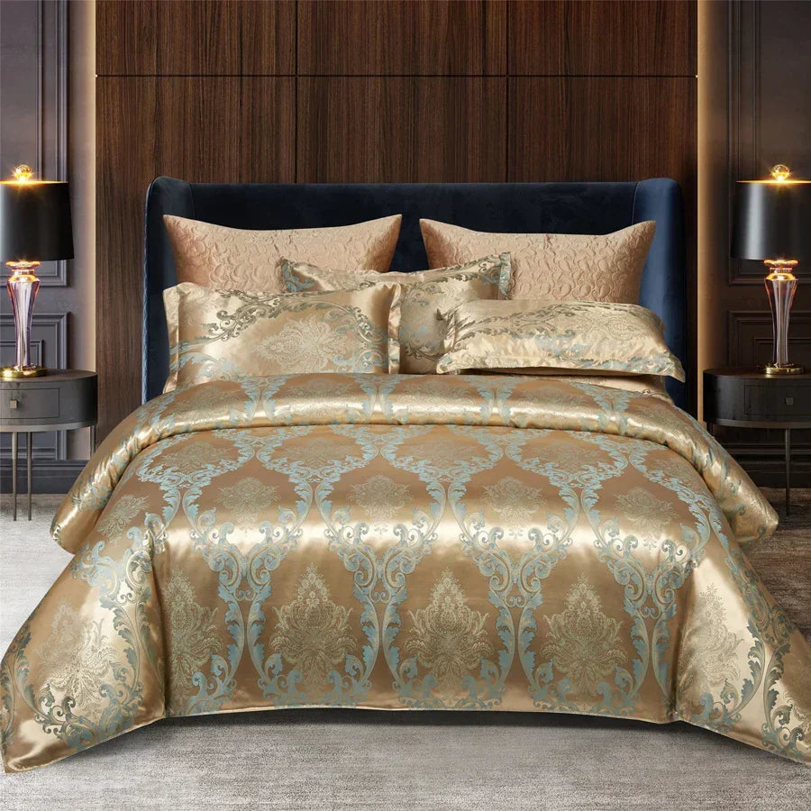 Kalsten | Luxurious Satin Rayon Jacquard Duvet Cover in Gold & Blue