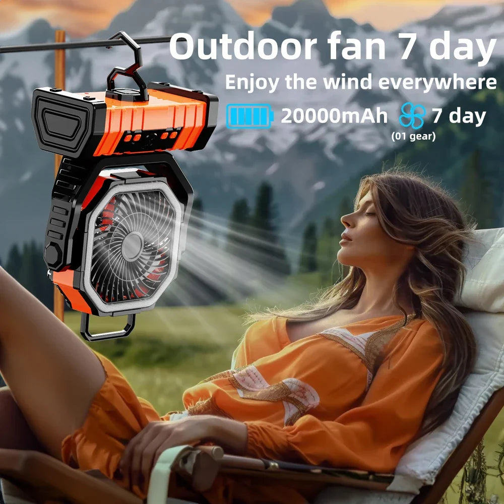 20000mAh Portable Rechargeable Fan — Battery-Operated Desk & Camping Fan with LED Light & Hook for Tent, Car, and Outdoor Trips | Kalsten