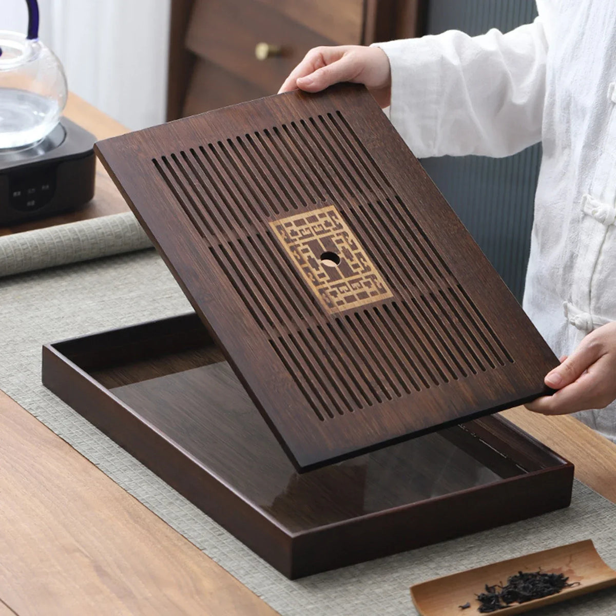 BowLift | Chinese Tea Tray with Water Storage Box Durable Simple Drainage Type Plate Tea Serving Tray for Teahouse Home Household Office