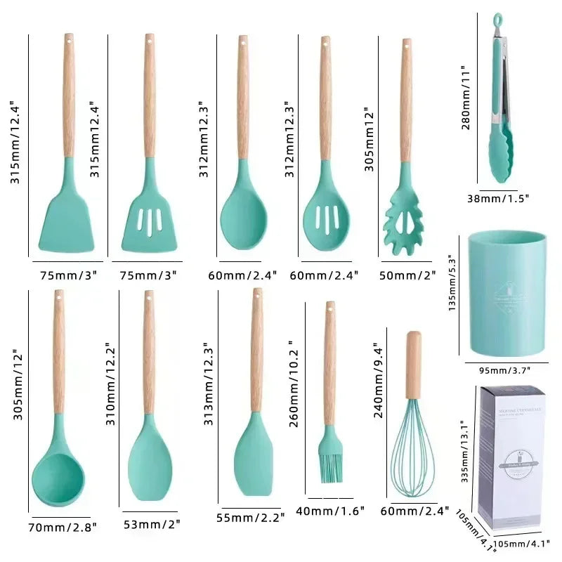 12-piece silicone cooking utensils set with wooden handles | Kalsten