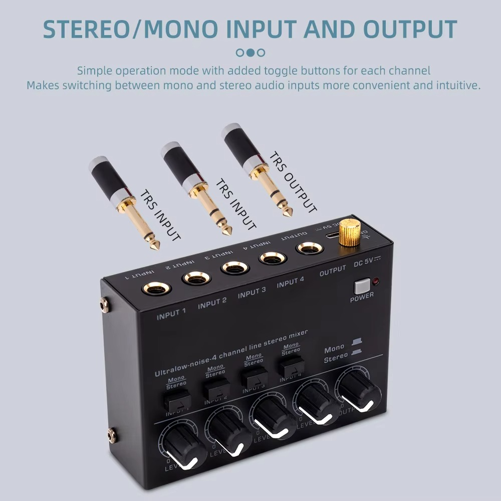 Kalsten | Ultra-Compact 4-Channel Low Noise Audio Mixer with Stereo RCA Output