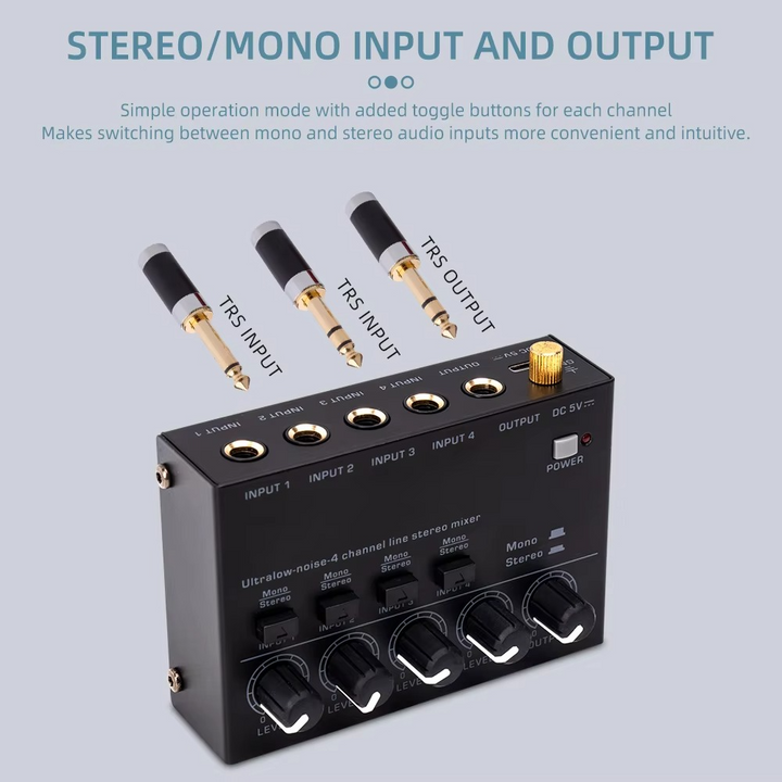 Kalsten | Ultra-Compact 4-Channel Low Noise Audio Mixer with Stereo RCA Output