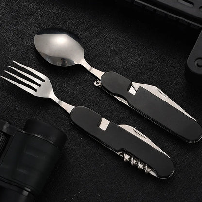 Skanto | 4-in-1 Outdoor Cutlery Set Camplico | Folding Spoon, Fork, Knife & Bottle Opener | Stainless Steel & Compact | For Camping & Travel