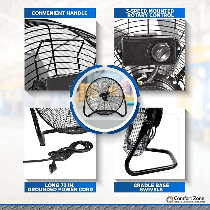 18-Inch Industrial High-Velocity Floor Fan – 3-Speed Adjustable Tilt with Carry Handle for Workshop & Home Use | Kalsten