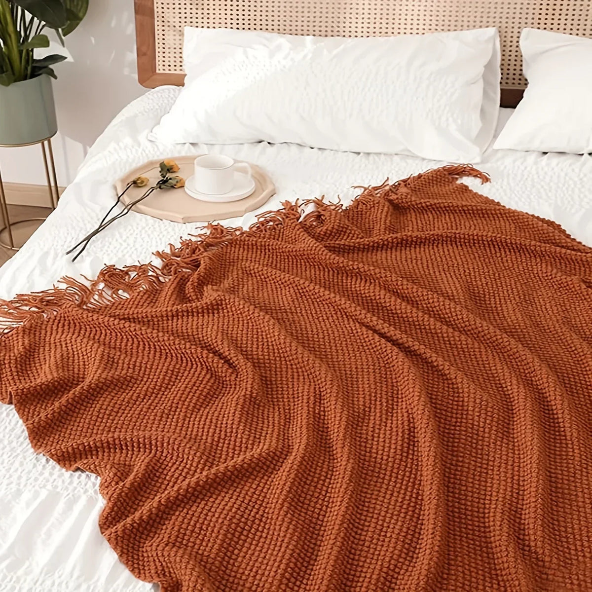 Skanto | Aurelia Cozy Fringe Knit Textile in Morandi Orange | Soft & Warm | 3 Sizes | For Sofa, Bed & Travel