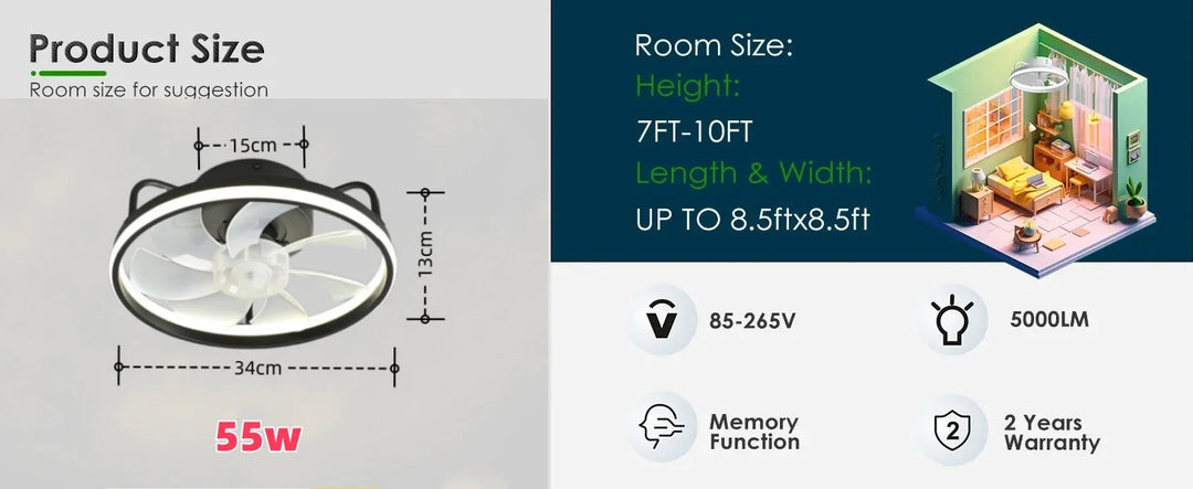 Modern LED Ceiling Fan Light with DC Motor - 6 Speed, Timer, Low Floor Attic Fan, Remote Control Decorative Light | Kalsten