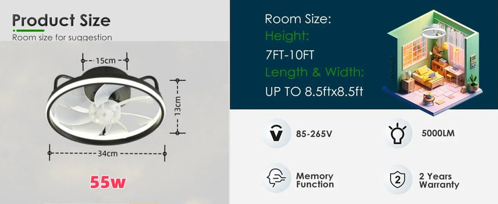 Modern LED Ceiling Fan Light with DC Motor - 6 Speed, Timer, Low Floor Attic Fan, Remote Control Decorative Light | Kalsten
