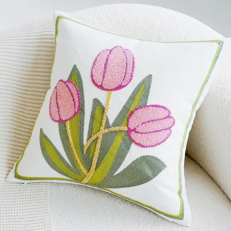 Green & Pink Tulip Embroidered Pillow Cover | Kalsten