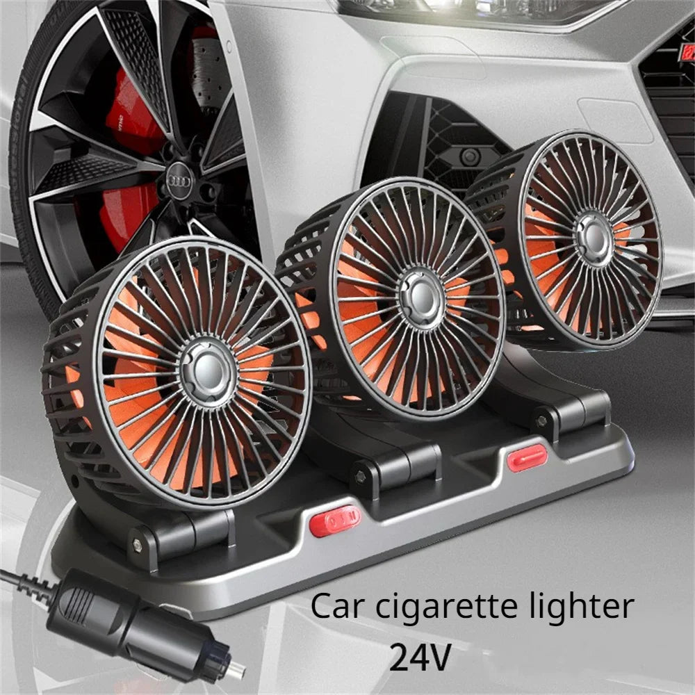 360° Adjustable Car Fan - 3-Head Automotive Electric Fan - USB/12V/24V - 2 Speeds - Silent Cooling for Home, Desk, Office & Car | Kalsten