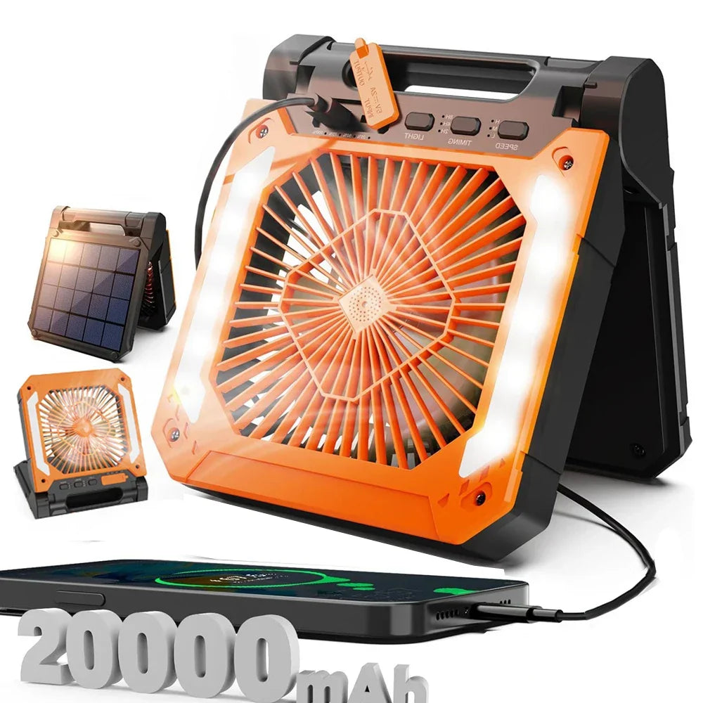 20000mAh Portable Electric Fan with LED Light — USB, Solar & Car Charging for Camping | Kalsten