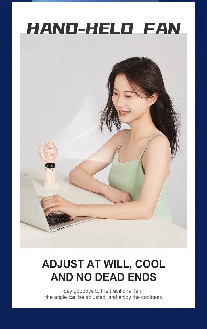 5000mAh Handheld Mini Fan – Wireless USB Rechargeable Portable Fan with Digital Display, Phone Holder, 5-Speed Foldable Neck Hanging Fan | Kalsten