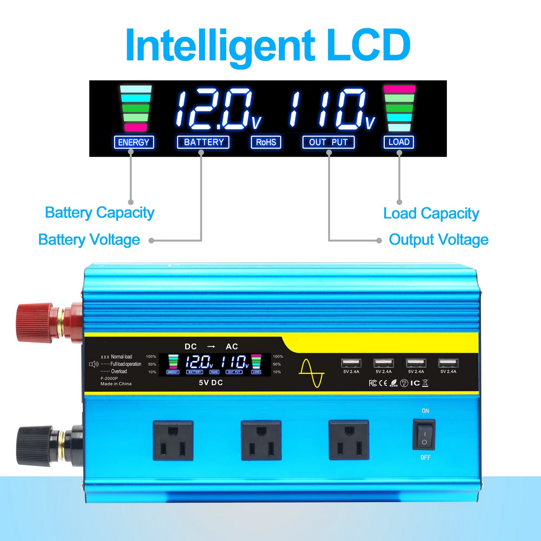 Kalsten | 4000W Pure Sine Wave Power Inverter 12V/24V DC to 110V/220V AC Converter for Car and Solar Systems