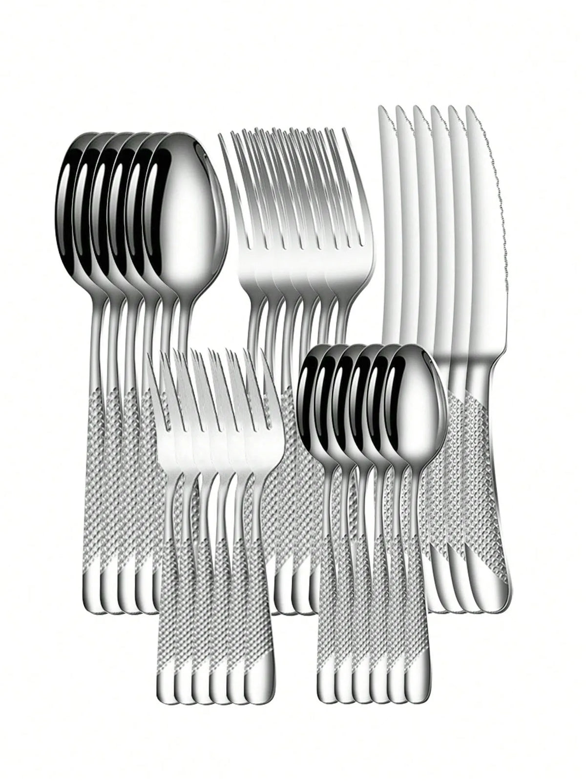 Skanto | High-Quality Stainless Steel Silver Star Diamond Cutlery Set - Includes Knife, Fork, Spoon & Dessert Fork & Spoon - 6-Piece/30-Piece Options