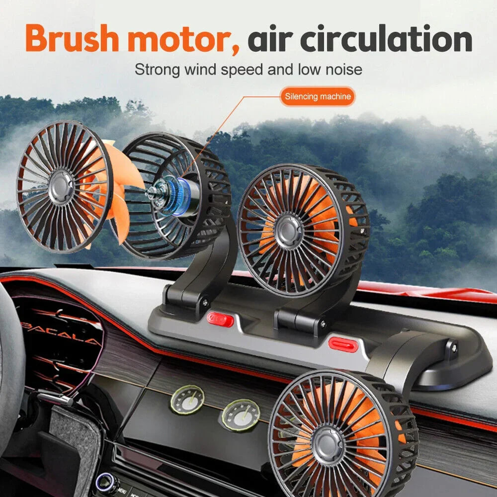 360° Adjustable Car Fan - 3-Head Automotive Electric Fan - USB/12V/24V - 2 Speeds - Silent Cooling for Home, Desk, Office & Car | Kalsten