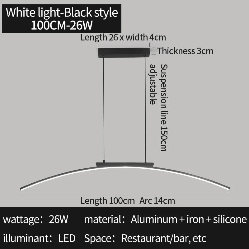 Modern Contemporary LED Dining Room Pendant Light | Sleek Arc Hanging Lamp, Adjustable Brightness | Kalsten