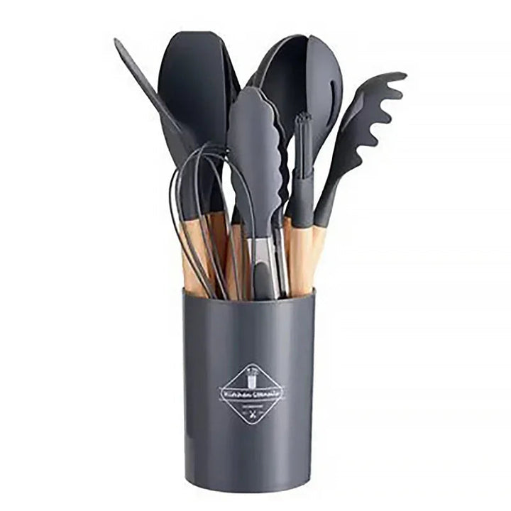 12-piece silicone cooking utensils set with wooden handles | Kalsten