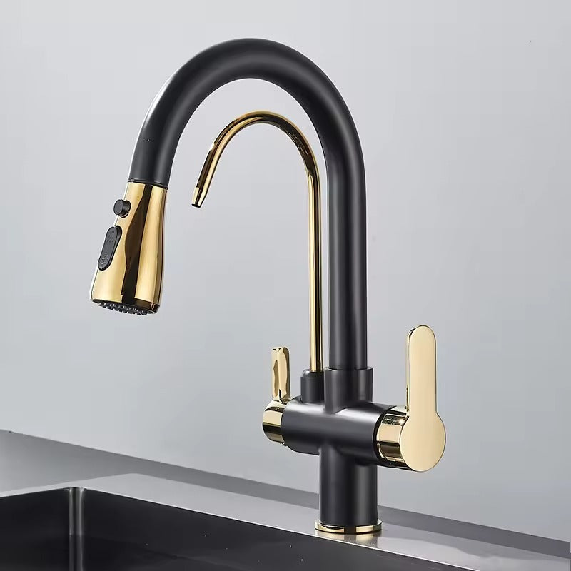 Matte Black Filter Faucet for the Kitchen, Pull-Out Spray, 360° Rotation, Three-Way Water Filter Tap, Sink Mixer | Brehn