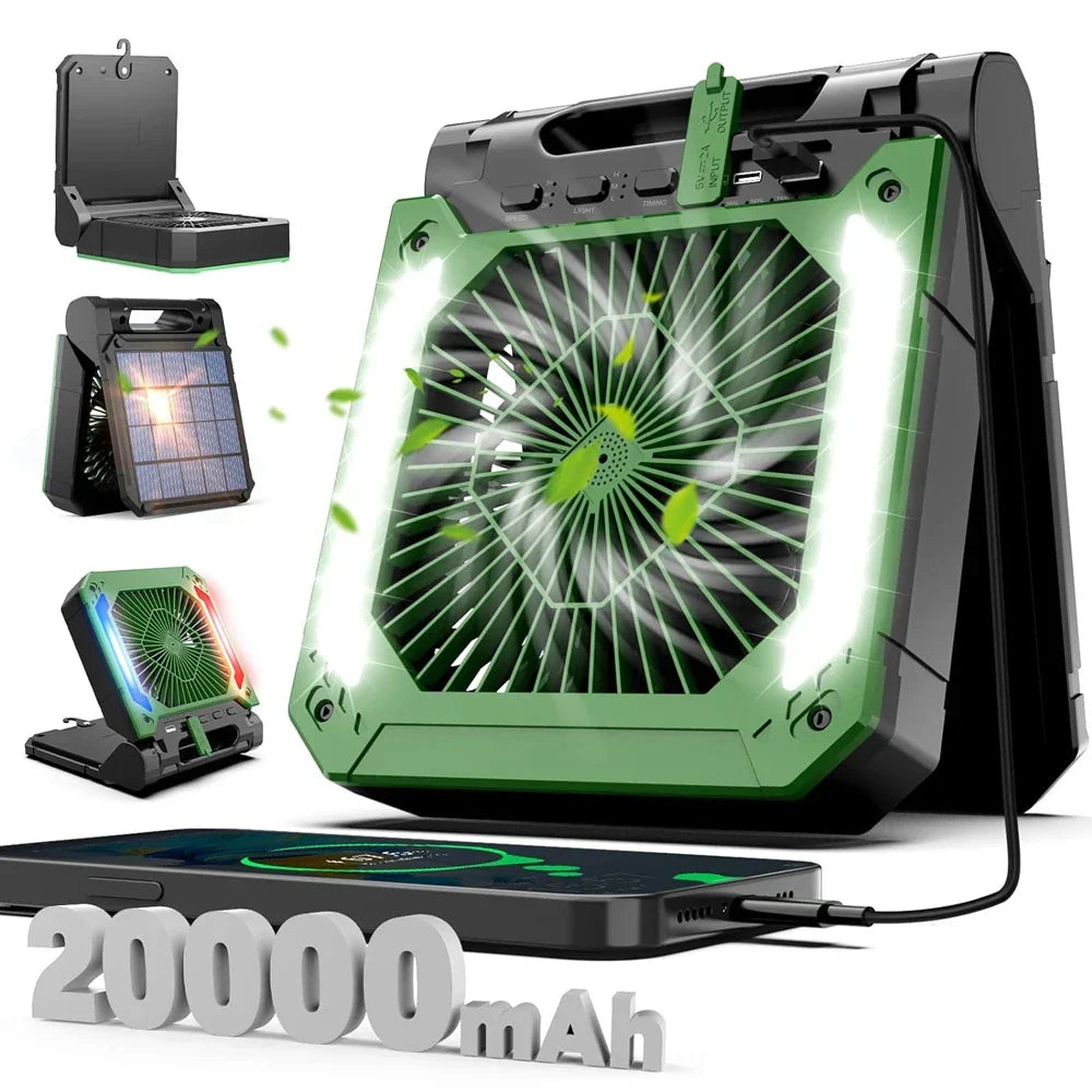 20000mAh Portable Electric Fan with LED Light — USB, Solar & Car Charging for Camping | Kalsten