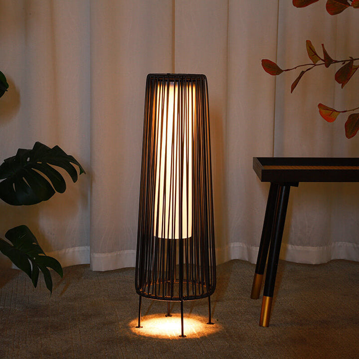 Modern Minimalist Solar Waterproof Round Vertical Pull Strip Iron Rattan LED Standing Floor Lamp For Outdoor Patio | Kalsten
