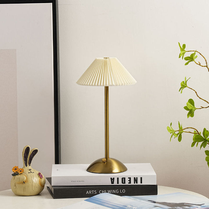 Contemporary Scandinavian rechargeable iron fabric cone pleated LED table lamp for bedside | Kalsten