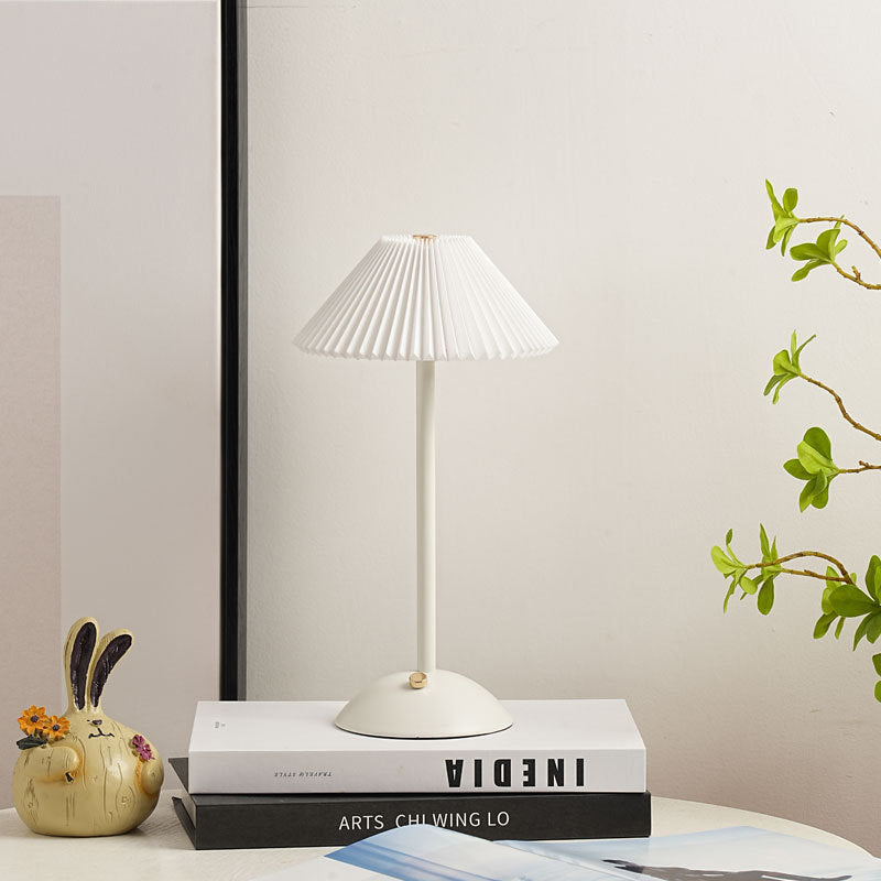 Contemporary Scandinavian rechargeable iron fabric cone pleated LED table lamp for bedside | Kalsten