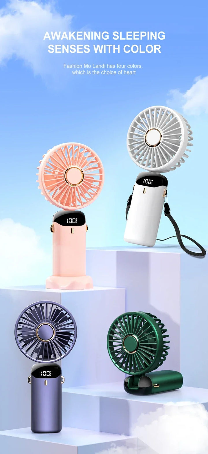5000mAh Handheld Mini Fan – Wireless USB Rechargeable Portable Fan with Digital Display, Phone Holder, 5-Speed Foldable Neck Hanging Fan | Kalsten