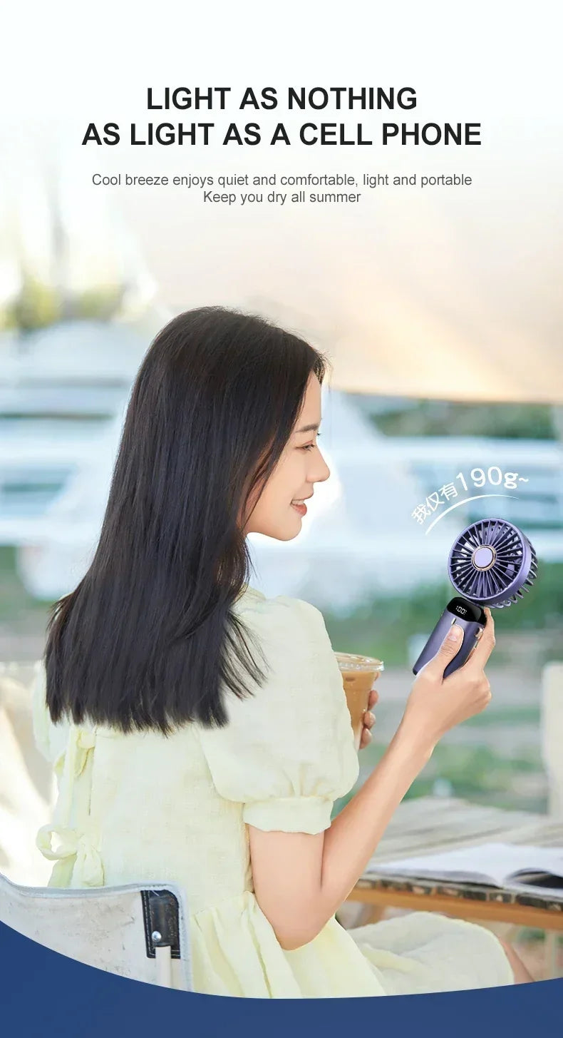 5000mAh Handheld Mini Fan – Wireless USB Rechargeable Portable Fan with Digital Display, Phone Holder, 5-Speed Foldable Neck Hanging Fan | Kalsten