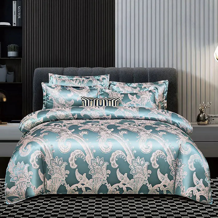 Kalsten | Luxurious Satin Rayon Jacquard Duvet Cover in Gold & Blue