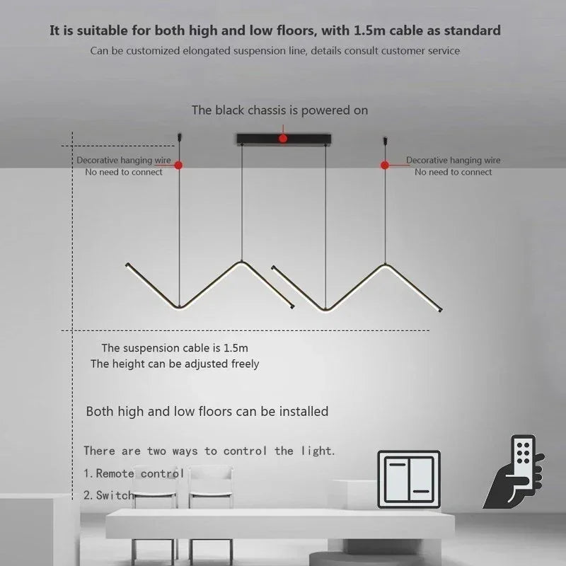 Modern LED Pendant Light – 90cm 2-Head Adjustable Fixture with Remote Control, Dimmable, for Living Room, Bedroom, Hotel, and Study | Kalsten