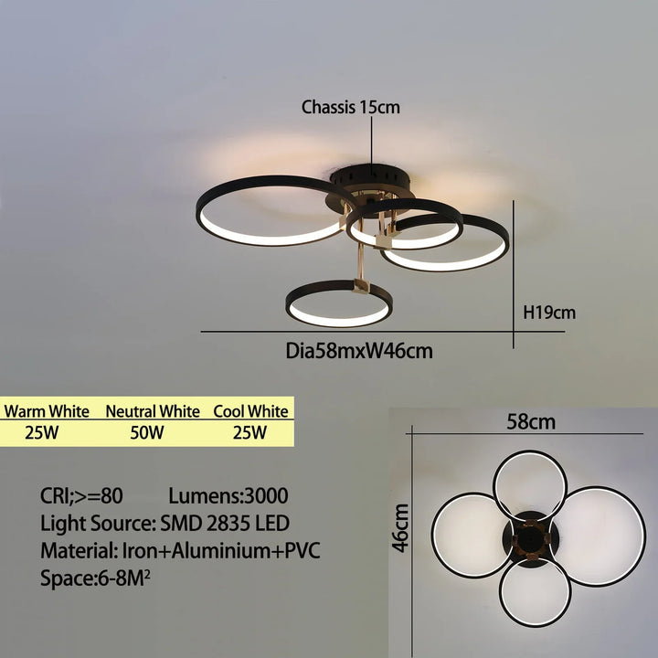 Modern Dimmable LED Ceiling Light – 4/6 Ring Chandelier with Remote Control, Adjustable Color Temperature for Living Room, Bedroom, and Dining Room | Kalsten