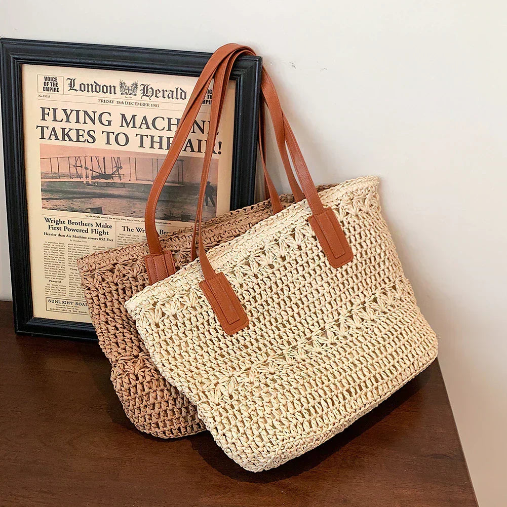 BowLift | Genevieve | Chic Straw Tote Bag with Genuine Leather Straps – Elegant Summer Handbag