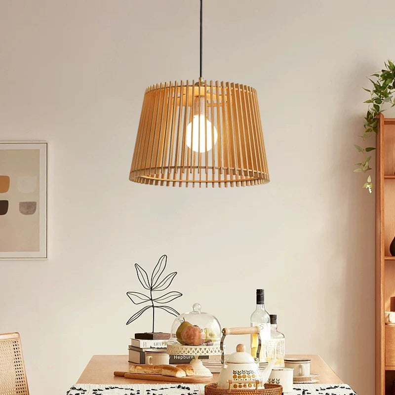 Modern Japanese Birdcage Pendant Lamp – Wooden Bucket Chandelier for Living Room, Bedroom, and Bar Décor | Kalsten