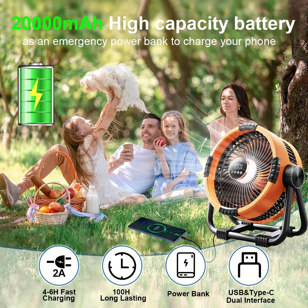 Kalsten | Camping Fan with 20000mAh Battery, LED Light & Remote Control – WindMate