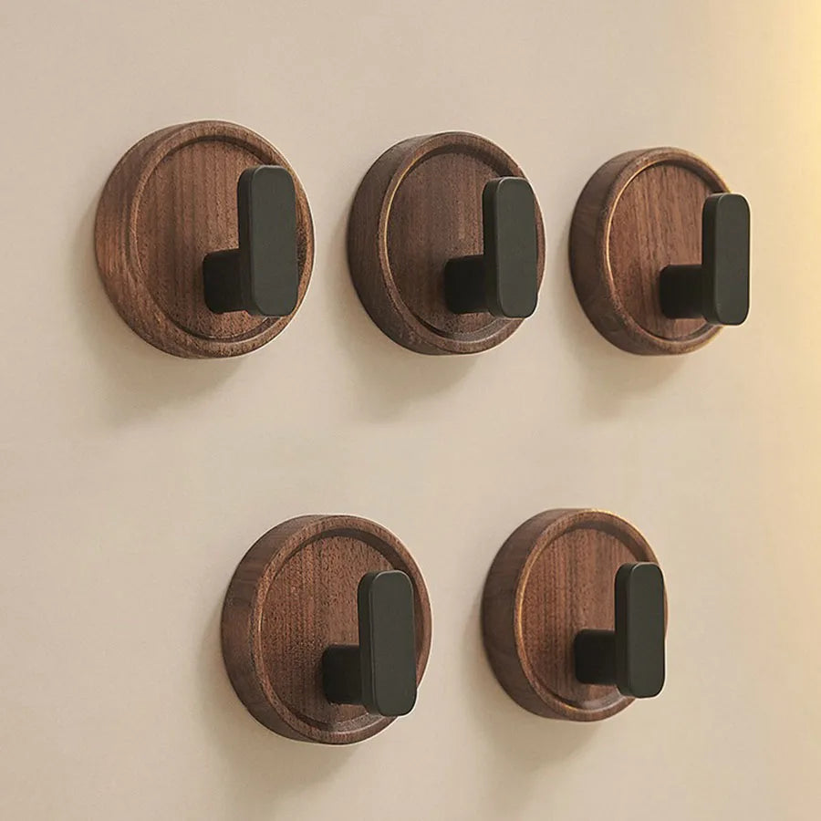 Kalsten | Self-adhesive wooden wall hooks Nordiva WoodCircle | Walnut wood | Decorative hook for keys, towels & clothing | Bathroom, kitchen & hallway