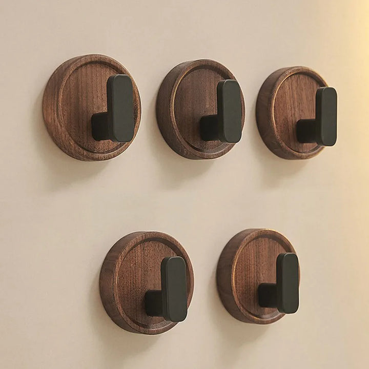 Kalsten | Self-adhesive wooden wall hooks Nordiva WoodCircle | Walnut wood | Decorative hook for keys, towels & clothing | Bathroom, kitchen & hallway
