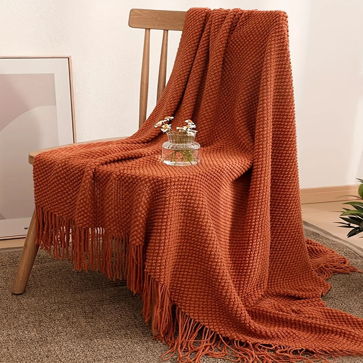 Skanto | Aurelia Cozy Fringe Knit Textile in Morandi Orange | Soft & Warm | 3 Sizes | For Sofa, Bed & Travel