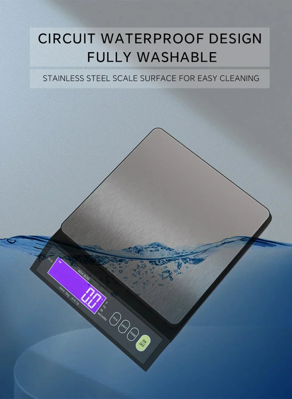 Kalsten | 5 kg/0.1 g and 10 kg/1 g digital electronic kitchen scale, LCD display, fully waterproof stainless steel weighing tool for baking