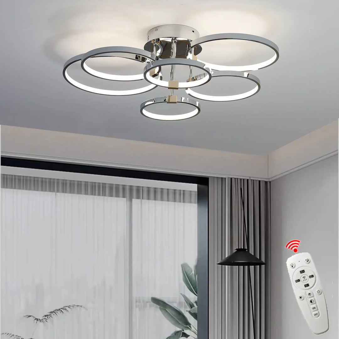 Modern Dimmable LED Ceiling Light – 4/6 Ring Chandelier with Remote Control, Adjustable Color Temperature for Living Room, Bedroom, and Dining Room | Kalsten
